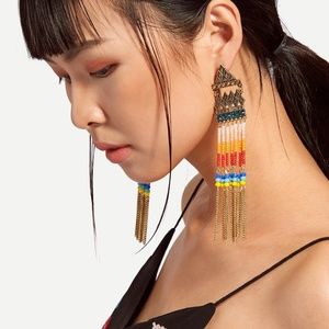 Beaded & Chain Detail Long Drop Earrings